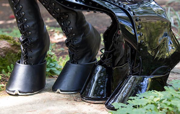The completed hoof boots I made (right) in patent leather.